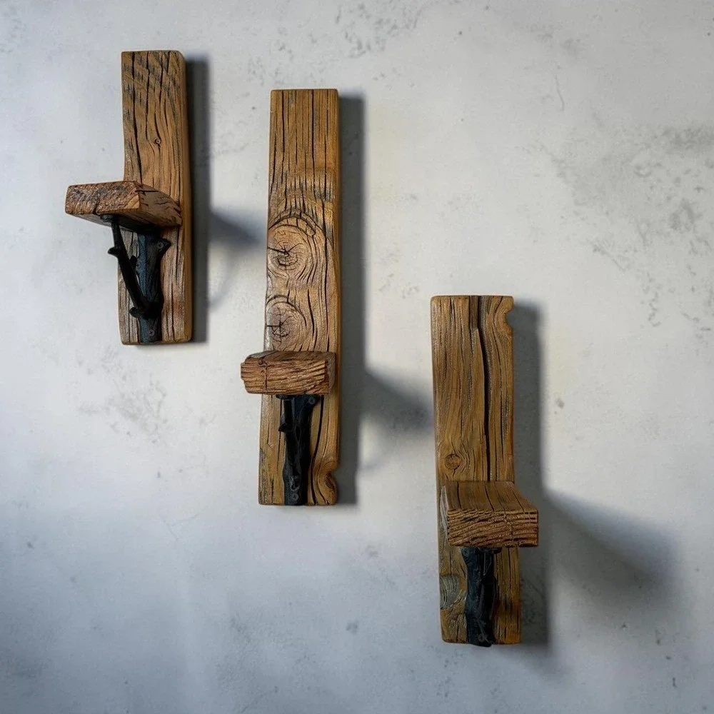 Rustic Reclaimed Wood Wall Sconce Set 3pc Floating Shelf Cast Iron Branch Brown